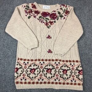 VTG Chrysantheme Womens Medium Hand Knit Floral Cable Sweater Beige Ramie Cotton